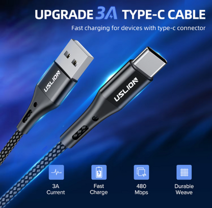 USLION 0.5M 1M 2M 3M 3A USB C Fast Charging Mobile Phone Data Cable Mobile Phone Fast Charging Usb Data Cable Type C Cables