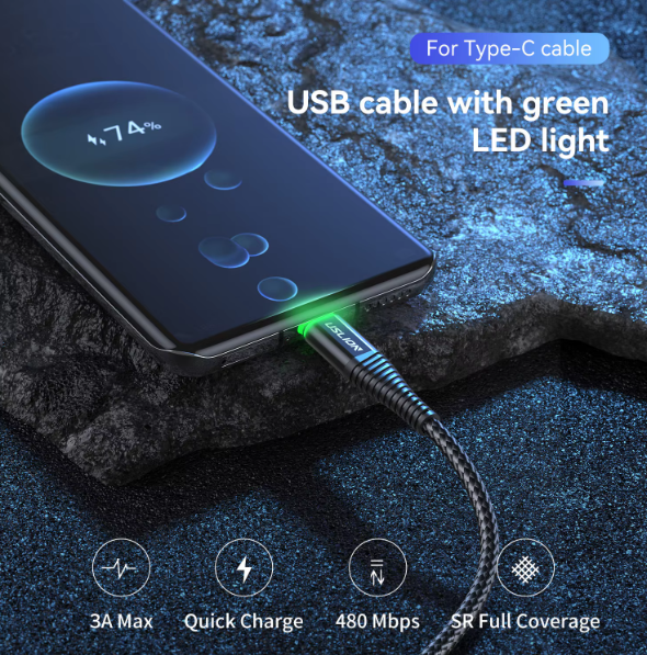 USLION 0.5M 1M 2M 3A Fast Charging Green LED Data Charger Cable Micro USB Type C Data Cable Mobile Phone USB Cable For Samsung