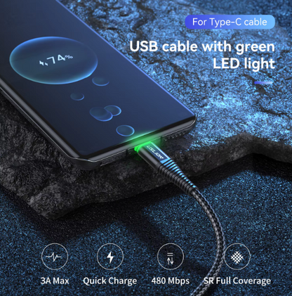 USLION 0.5M 1M 2M 3A Fast Charging Green LED Data Charger Cable Micro USB Type C Data Cable Mobile Phone USB Cable For Samsung