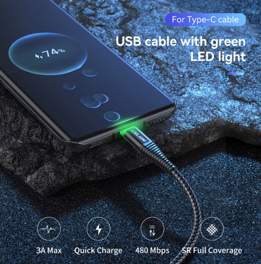 USLION 0.5M 1M 2M 3A Fast Charging Green LED Data Charger Cable Micro USB Type C Data Cable Mobile Phone USB Cable For Samsung