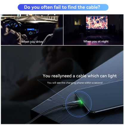 USLION 0.5M 1M 2M 3A Fast Charging Green LED Data Charger Cable Micro USB Type C Data Cable Mobile Phone USB Cable For Samsung