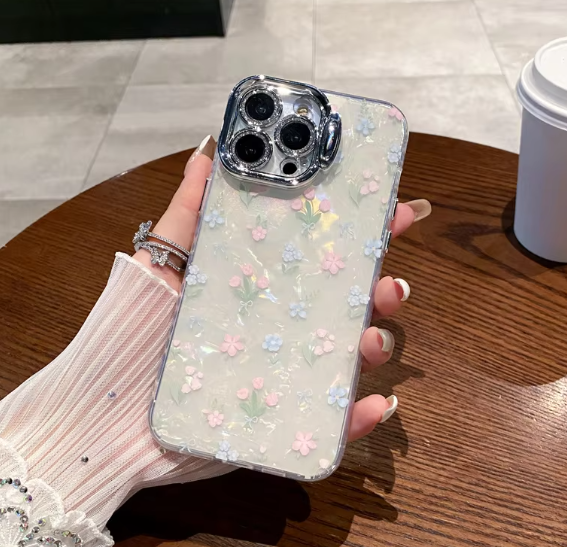Korean-style shell flower fashion phone case for iPhone15promax 14pro 13 lens holder 12 all-inclusive 11 drop proof