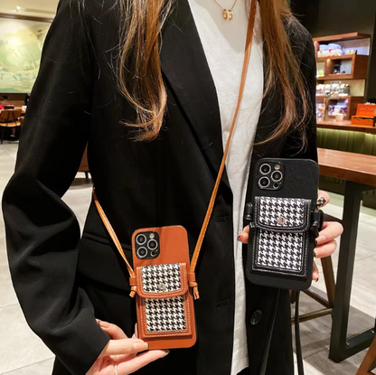 Luxury leather Thousand-bird lattice coin wallet fashion phone case for iPhone14proamx Strap Long rope 13pro case 12 Anti-fall x