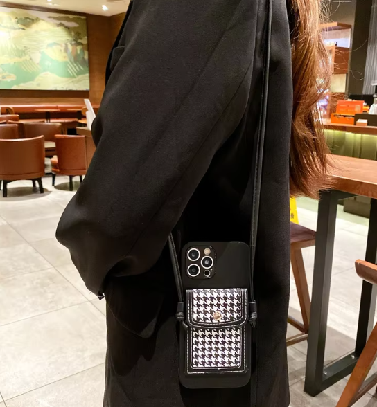 Luxury leather Thousand-bird lattice coin wallet fashion phone case for iPhone14proamx Strap Long rope 13pro case 12 Anti-fall x