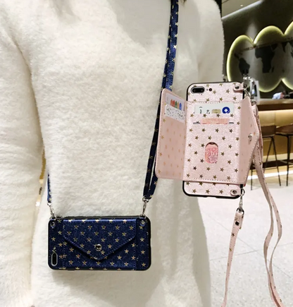Luxury leather full screen Stars coin purse fashion phone case for iPhone14promax Strap long rope 13pro Anti-fall 12 insert card