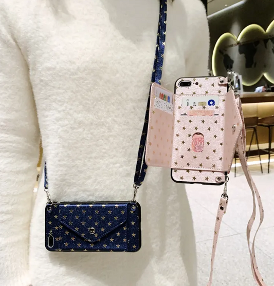 Luxury leather full screen Stars coin purse fashion phone case for iPhone14promax Strap long rope 13pro Anti-fall 12 insert card