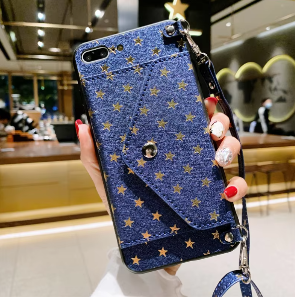 Luxury leather full screen Stars coin purse fashion phone case for iPhone14promax Strap long rope 13pro Anti-fall 12 insert card