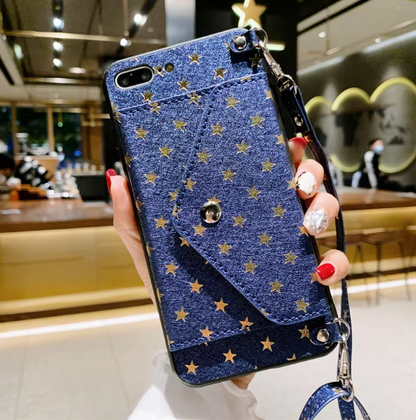 Luxury leather full screen Stars coin purse fashion phone case for iPhone14promax Strap long rope 13pro Anti-fall 12 insert card