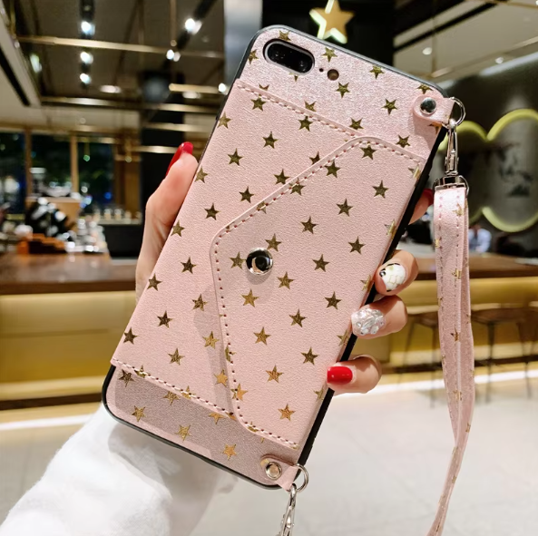 Luxury leather full screen Stars coin purse fashion phone case for iPhone14promax Strap long rope 13pro Anti-fall 12 insert card