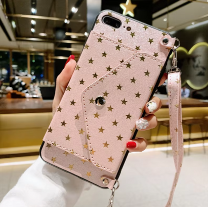 Luxury leather full screen Stars coin purse fashion phone case for iPhone14promax Strap long rope 13pro Anti-fall 12 insert card