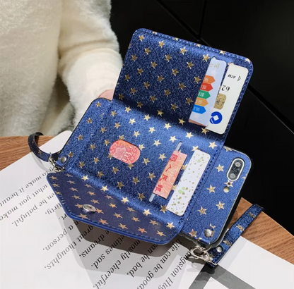 Luxury leather full screen Stars coin purse fashion phone case for iPhone14promax Strap long rope 13pro Anti-fall 12 insert card