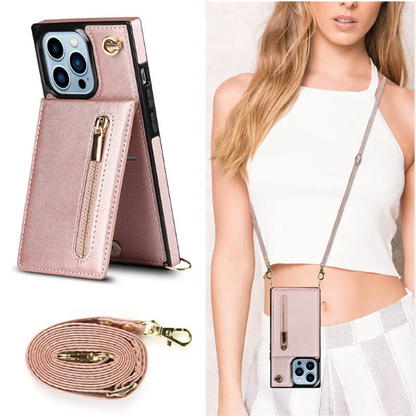 Luxury leather zipper Insert card bag holder Fashion phone case for iPhone14promax Creative 13pro long rope 12 Anti-fall x women