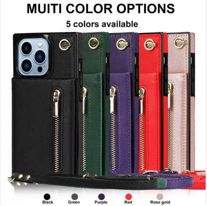 Luxury leather zipper Insert card bag holder Fashion phone case for iPhone14promax Creative 13pro long rope 12 Anti-fall x women