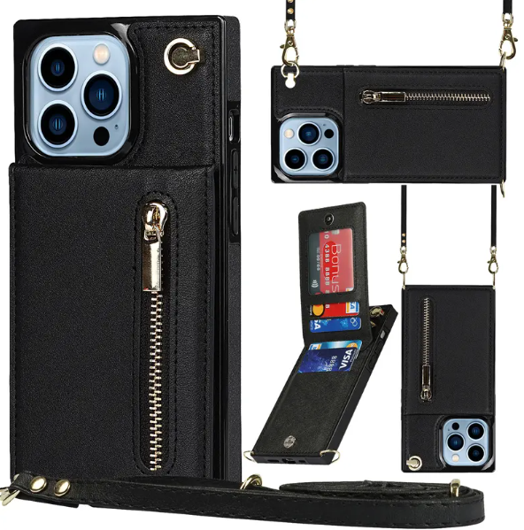 Luxury leather zipper Insert card bag holder Fashion phone case for iPhone14promax Creative 13pro long rope 12 Anti-fall x women