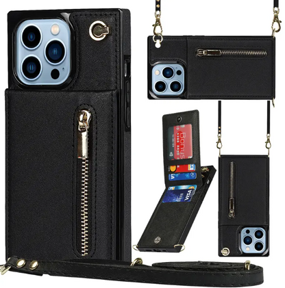 Luxury leather zipper Insert card bag holder Fashion phone case for iPhone14promax Creative 13pro long rope 12 Anti-fall x women